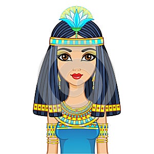 Animation portrait Egyptian  girl in ancient clothes with a papyrus flower on the head.