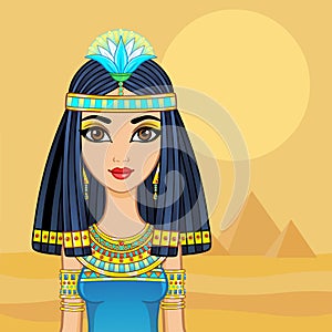 Animation portrait Egyptian  girl in ancient clothes with a papyrus flower on the head. Queen, goddess, princess.
