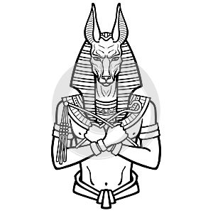 Animation portrait Egyptian God Anubis with crossed hands holds symbols of power.