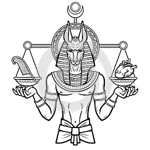Animation portrait: Egyptian God Anubis measures the human heart and pen on sacred scales.