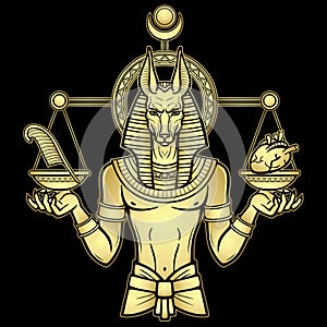 Animation portrait: Egyptian God Anubis measures the human heart and pen on sacred scales. God of death.