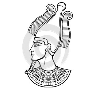 Animation portrait Egyptian man n the crown. God Osiris.