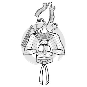 Animation portrait Egyptian man n the crown holds symbols of power in his hands. God Osiris.