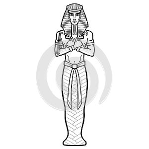 Animation portrait Egyptian man  in the royal scarf with crossed hands holds symbols of power. Pharaoh, Osiris, mummy.