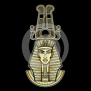 Animation portrait Egyptian man in a striped scarf and a divine crown. Gold Imitation.