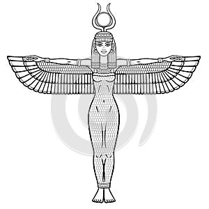 Animation portrait: Egyptian winged goddess Isis with horns and a disk of sun on the head. Full growth.