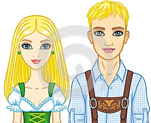 Animation portrait of a family of the European appearance in ancient Bavarian clothes.