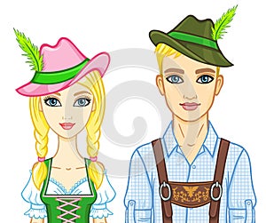 Animation portrait of a family of the European appearance in ancient Bavarian clothes.