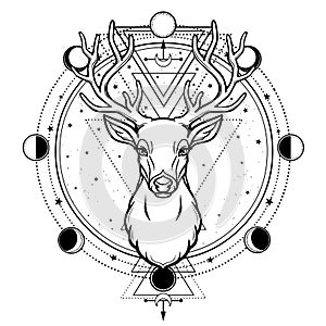 Animation portrait of a horned deer - spirit of the wood. Pagan deity.