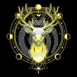 Animation portrait of a horned deer - spirit of the wood. Pagan deity.