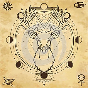 Animation portrait of a horned deer - spirit of the wood. Pagan deity.