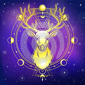 Animation portrait of a horned deer - spirit of the wood. Pagan deity.