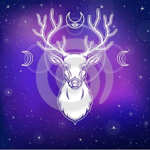 Animation portrait of a horned deer - a wood spirit, the pagan deity, the defender of the nature.