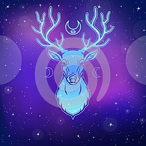 Animation portrait of a horned deer - a wood spirit, the pagan deity, the defender of the nature.