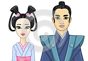 Animation portrait of Japanese family in ancient clotes. Geisha, Maiko, Samurai.