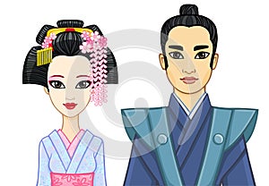 Animation portrait of Japanese family in ancient clotes. Geisha, Maiko, Samurai.