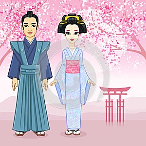 Animation portrait of Japanese family in ancient clotes. Geisha, Maiko, Samurai. Full growth.