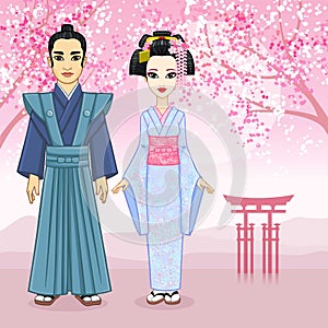 Animation portrait of Japanese family in ancient clotes. Geisha, Maiko, Samurai. Full growth.