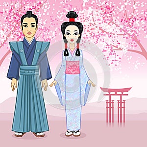 Animation portrait of Japanese family in ancient clotes. Geisha, Maiko, Samurai. Full growth.