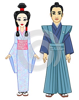 Animation portrait of the Japanese family in ancient clothes. Geisha, Maiko, Princess, Samurai.
