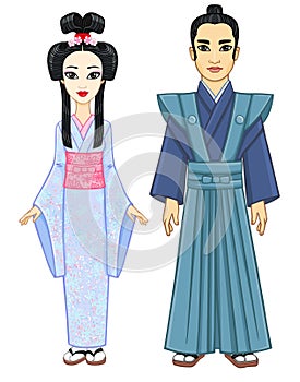 Animation portrait of the Japanese family in ancient clothes. Geisha, Maiko, Princess, Samurai.