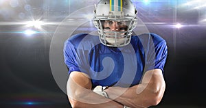 Animation of portrait of male american football player at floodlit stadium