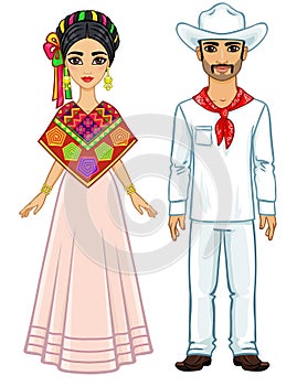 Animation portrait of the Mexican family in ancient festive clothes.