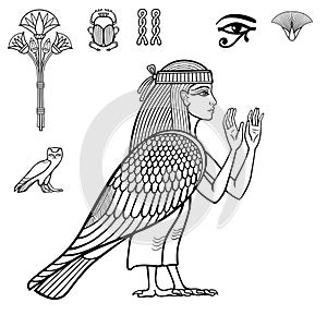 Animation portrait: mystical goddess of ancient Egypt with head and arms of a man and body of a falcon.