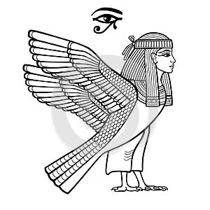 Animation portrait: mystical goddess of ancient Egypt with head  of a woman and body of a falcon.