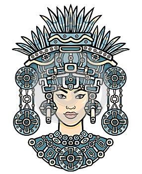 Animation portrait of the pagan goddess based on motives of art Native American Indian. Color decorative drawing.