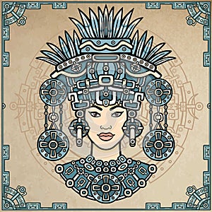 Animation portrait of the pagan goddess based on motives of art Native American Indian. Color decorative drawing.