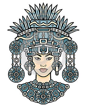 Animation portrait of the pagan goddess based on motives of art Native American Indian. Color decorative drawing. photo