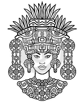 Animation portrait of the pagan goddess based on motives of art Native American Indian. Monochrome decorative drawing