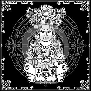 Animation portrait of the pagan goddess based on motives of art Native American Indian. White drawing, black background with a pat