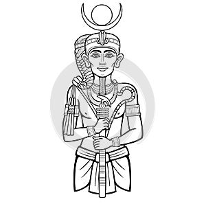 Animation portrait sitting Egyptian God Honsu. God of the moon, of time, a young man a wanderer with a curl of youth.