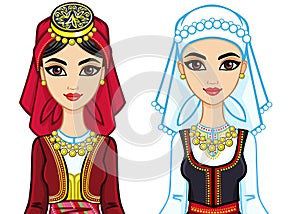 Animation portrait of two young Greek girls in ancient suits.
