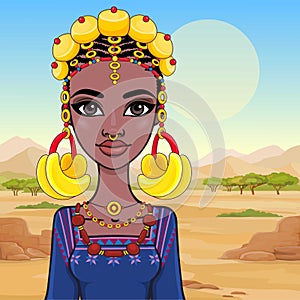 Animation portrait of a young African woman in ancient ethnic jewelry.