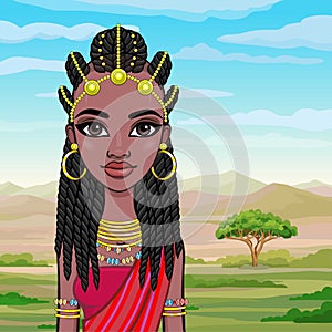 Animation portrait of a young African woman in ancient ethnic jewelry. Amazon, warrior, princess.