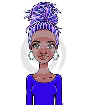 Animation portrait of a young African woman with  blue  hair.