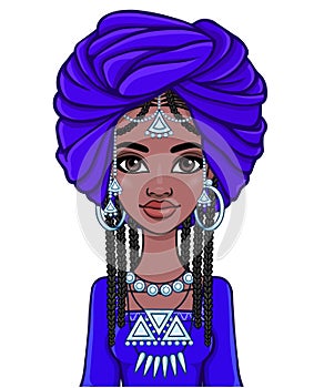 Animation portrait of a young African woman in a blue turban and ethnic jewelry.