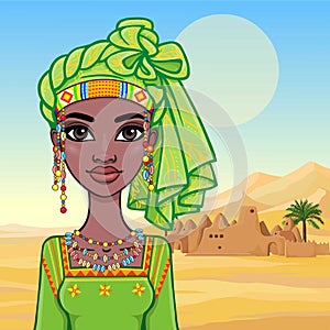 Animation portrait of a young African woman in a green turban and ethnic jewelry.