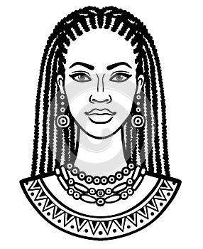 Animation portrait of the young African woman. Monochrome linear drawing.
