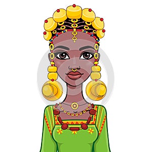 Animation portrait of a young African woman in a red turban and ethnic jewelry.Animation portrait of a young African woman in anci