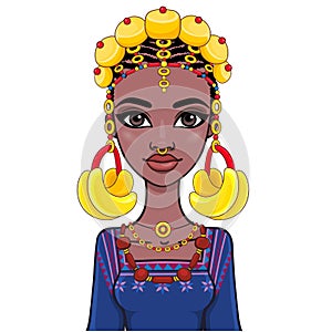 Animation portrait of a young African woman in a red turban and ethnic jewelry.Animation portrait of a young African woman in anci