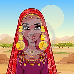 Animation portrait of a young African woman in a scarf and ancient ethnic jewelry.