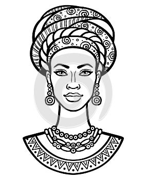 Animation portrait of the young African woman in a turban.