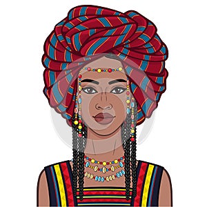 Animation portrait of the young African woman in a turban and ancient clothes.