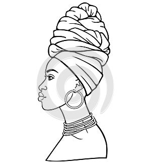 Animation portrait of the young African woman in a turban. Profile view.