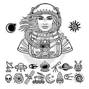 Animation portrait of the young attractive woman astronaut in a Open space suit. Set of icons.