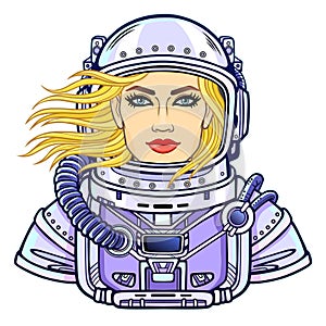 Animation portrait of the young attractive woman of the astronaut in a open space suit.